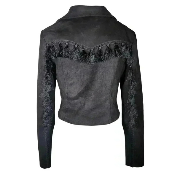 Vera & Lucy Tassel Faux Suede Black Moto Wing Collar Jacket Coat Size M - Picture 4 of 13